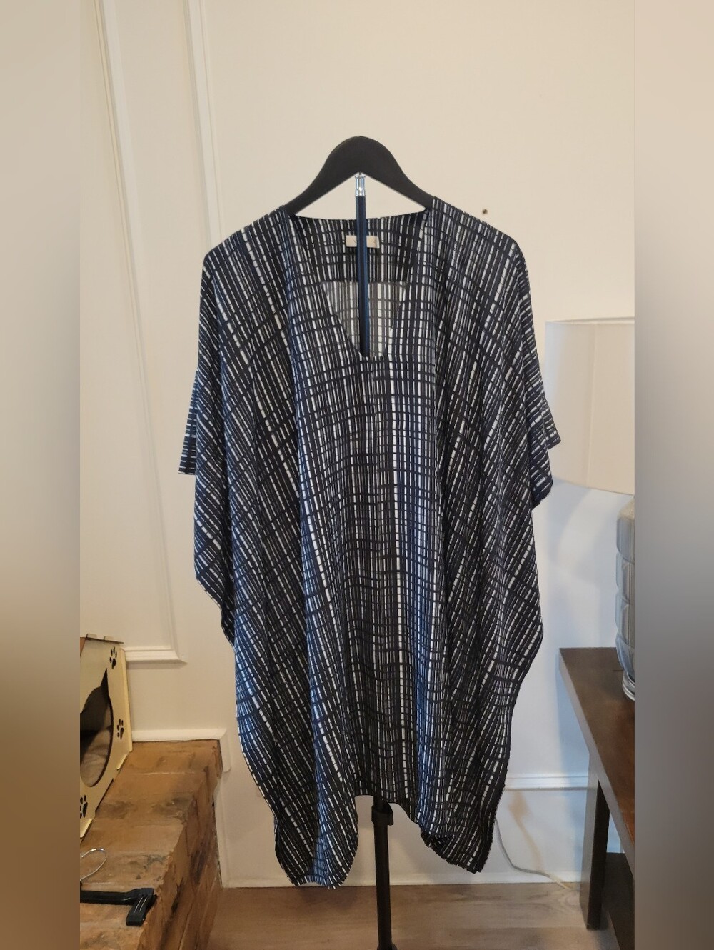 Silk Vince Black and White Asymmetrical Grid-Print Tunic